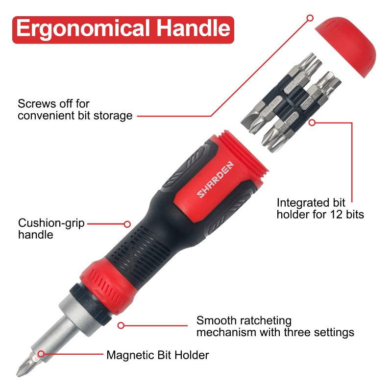 SHARDEN Ratchet Screwdriver 13-in-1 Ratcheting Screwdriver Set Multi Screwdriver Tool All in One with Torx Security  Flat Head  Phillips  Hex  Square and 1/4 Nut Driver - Image 3